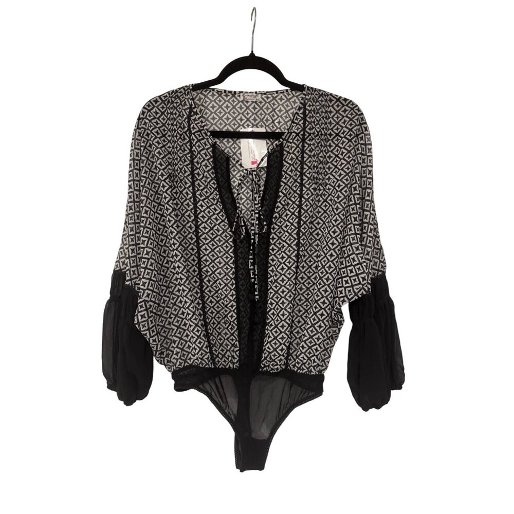 Free People Black & White Sheer Kimono Sleeve Bodysuit Diamond Pattern Intimatel